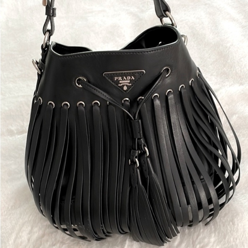 Prada Fringe Black Leather Bucket Bag Hobo with crossbody strap